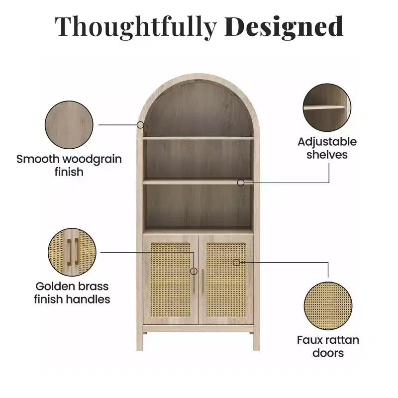Meuble de Rangement Bohème à Arches avec 2 Portes en Faux Rotin, 5 Étagères Réglables pour Salon, Cuisine, Beige