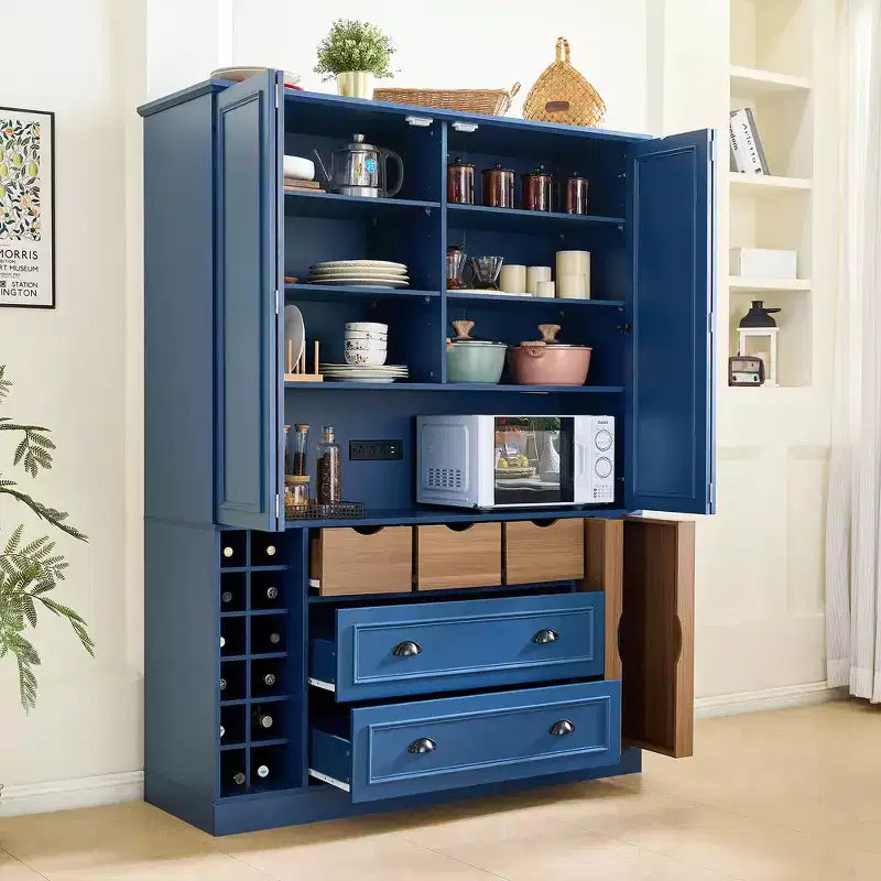 Armoire de cuisine autoportante haute Whisen 71, grand buffet de rangement pour salle à manger avec 4 portes pliantes, étagères et casiers à vin