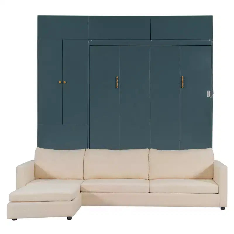 Lit escamotable Queen size avec canapé et armoire, Lit mural Queen en bois avec étagères, Lit escamotable pour chambre d'amis ou bureau