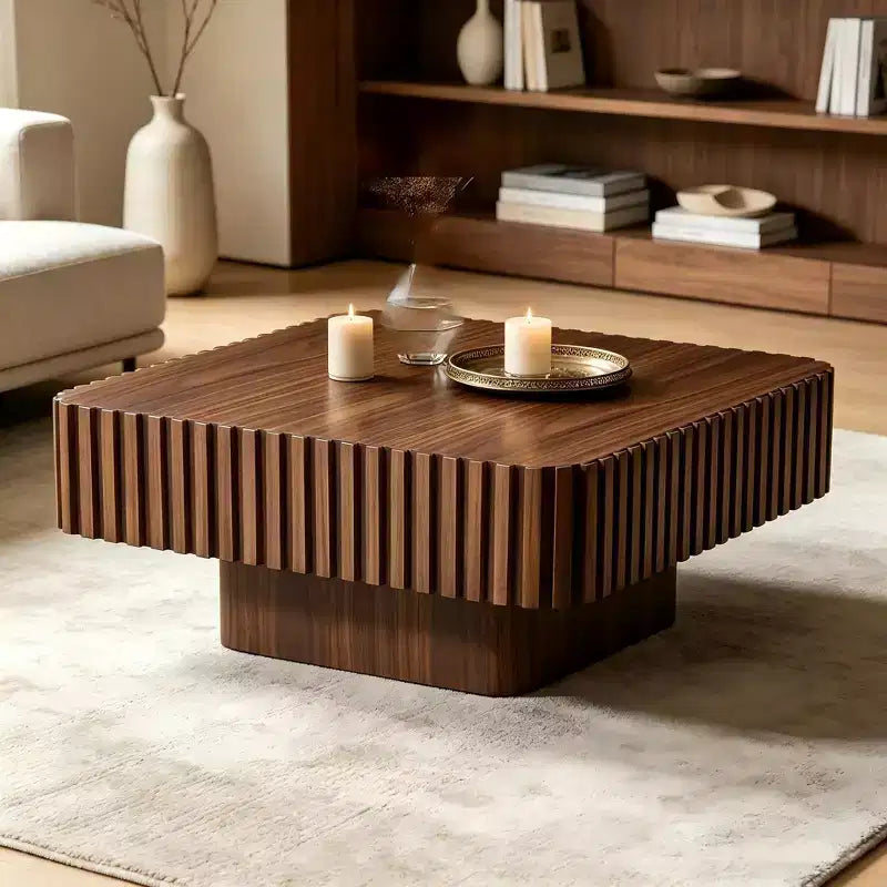 Table basse tambour artisanale moderne 31,5 po, carrée, piètement en MDF noyer