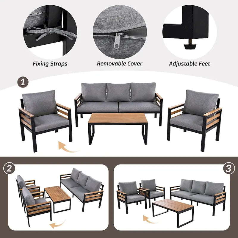 Ensemble de canapé d’extérieur 4 pièces pour 5 personnes avec table basse en bois massif et coussins amovibles