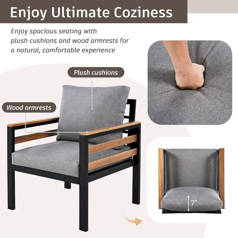Ensemble de canapé d’extérieur 4 pièces pour 5 personnes avec table basse en bois massif et coussins amovibles