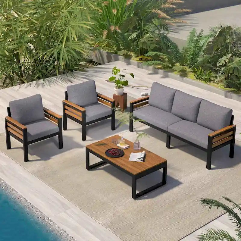 Ensemble de canapé d’extérieur 4 pièces pour 5 personnes avec table basse en bois massif et coussins amovibles