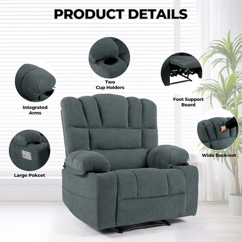 Fauteuil inclinable manuel en chenille avec massage et chauffage lombaire, double porte-gobelets, poches latérales
