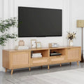 Meuble TV en rotin pour TV 85 pouces, Console multimédia de style ferme, Pieds en bois massif, Bois