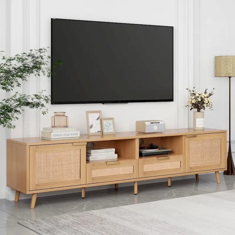Meuble TV en rotin pour TV 85 pouces, Console multimédia de style ferme, Pieds en bois massif, Bois