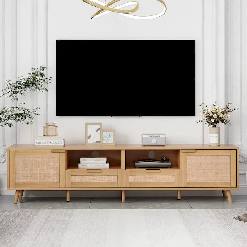 Meuble TV en rotin pour TV 85 pouces, Console multimédia de style ferme, Pieds en bois massif, Bois