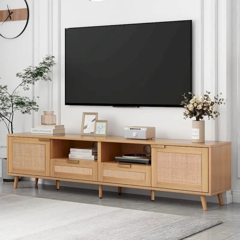 Meuble TV en rotin pour TV 85 pouces, Console multimédia de style ferme, Pieds en bois massif, Bois