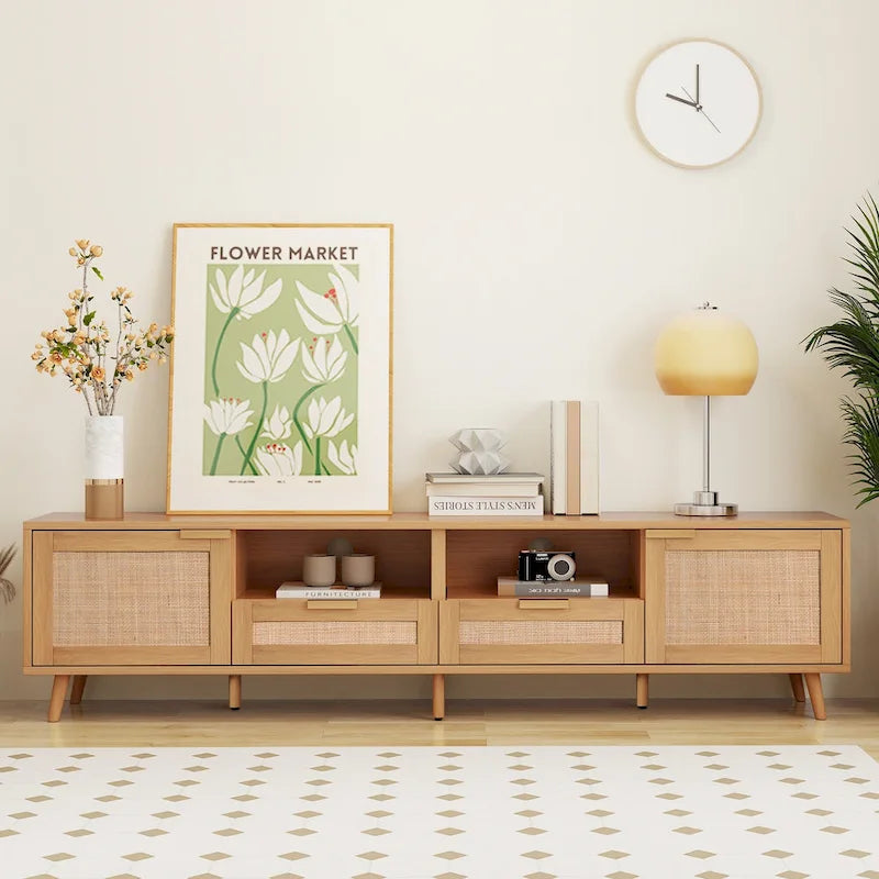 Meuble TV en rotin pour TV 85 pouces, Console multimédia de style ferme, Pieds en bois massif, Bois