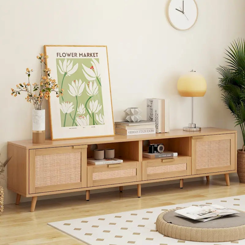 Meuble TV en rotin pour TV 85 pouces, Console multimédia de style ferme, Pieds en bois massif, Bois