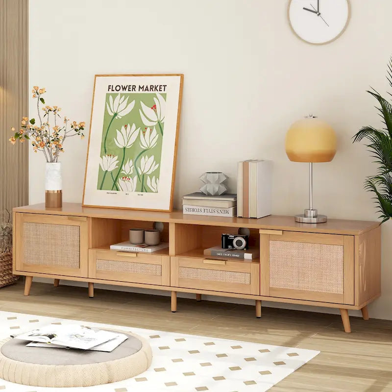 Meuble TV en rotin pour TV 85 pouces, Console multimédia de style ferme, Pieds en bois massif, Bois