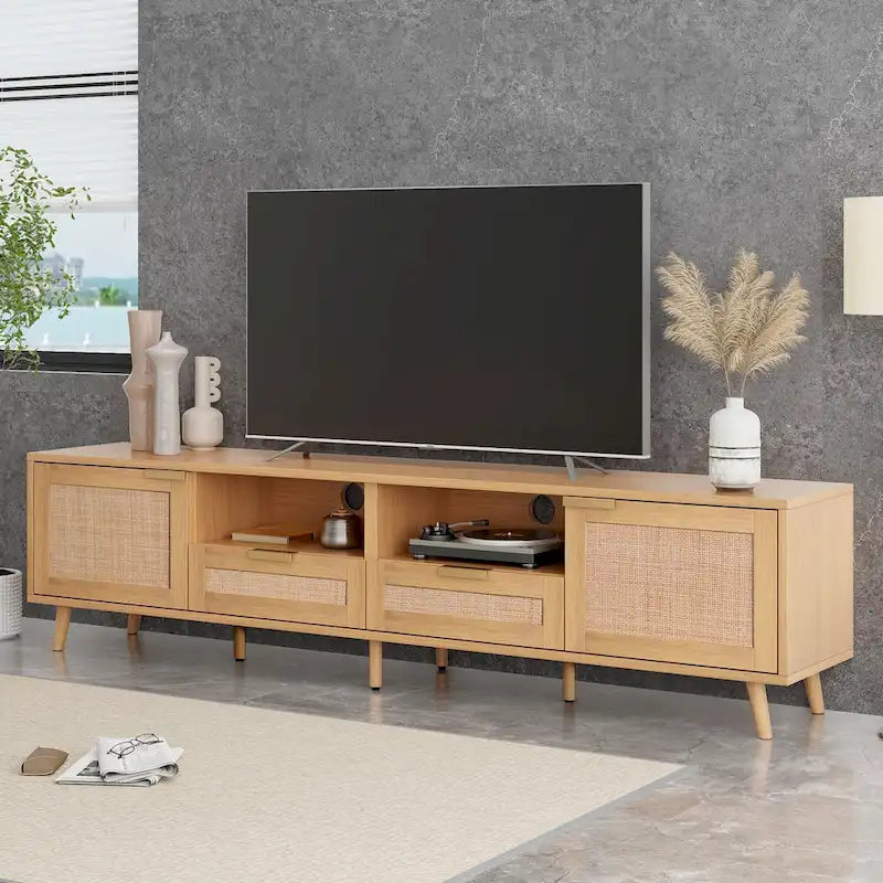Meuble TV en rotin pour TV 85 pouces, Console multimédia de style ferme, Pieds en bois massif, Bois