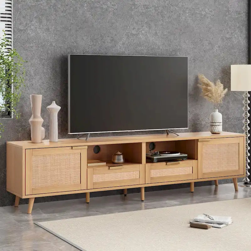 Meuble TV en rotin pour TV 85 pouces, Console multimédia de style ferme, Pieds en bois massif, Bois