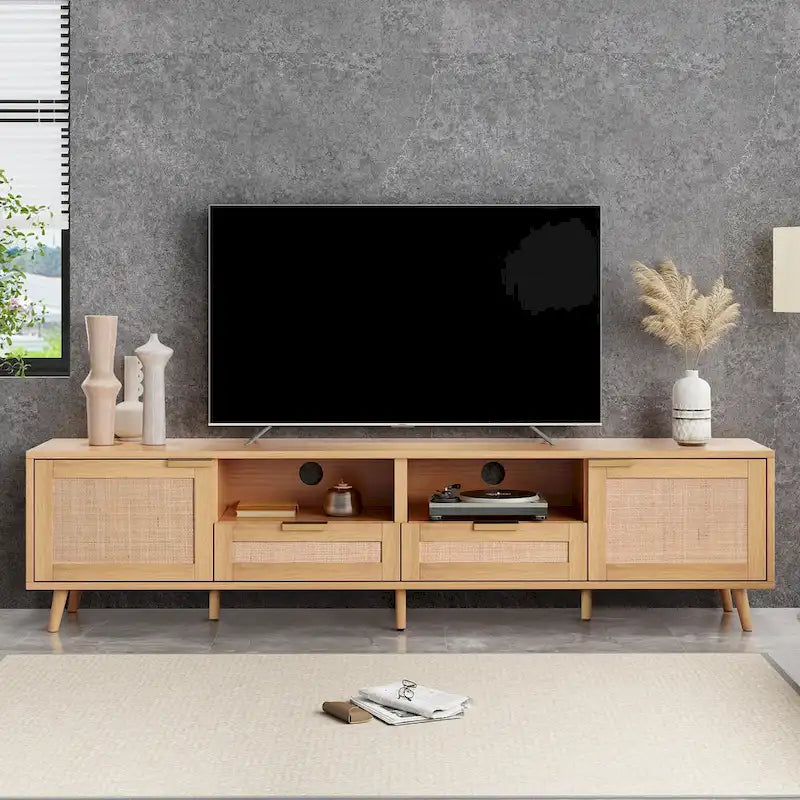 Meuble TV en rotin pour TV 85 pouces, Console multimédia de style ferme, Pieds en bois massif, Bois