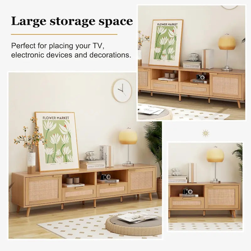Meuble TV en rotin pour TV 85 pouces, Console multimédia de style ferme, Pieds en bois massif, Bois