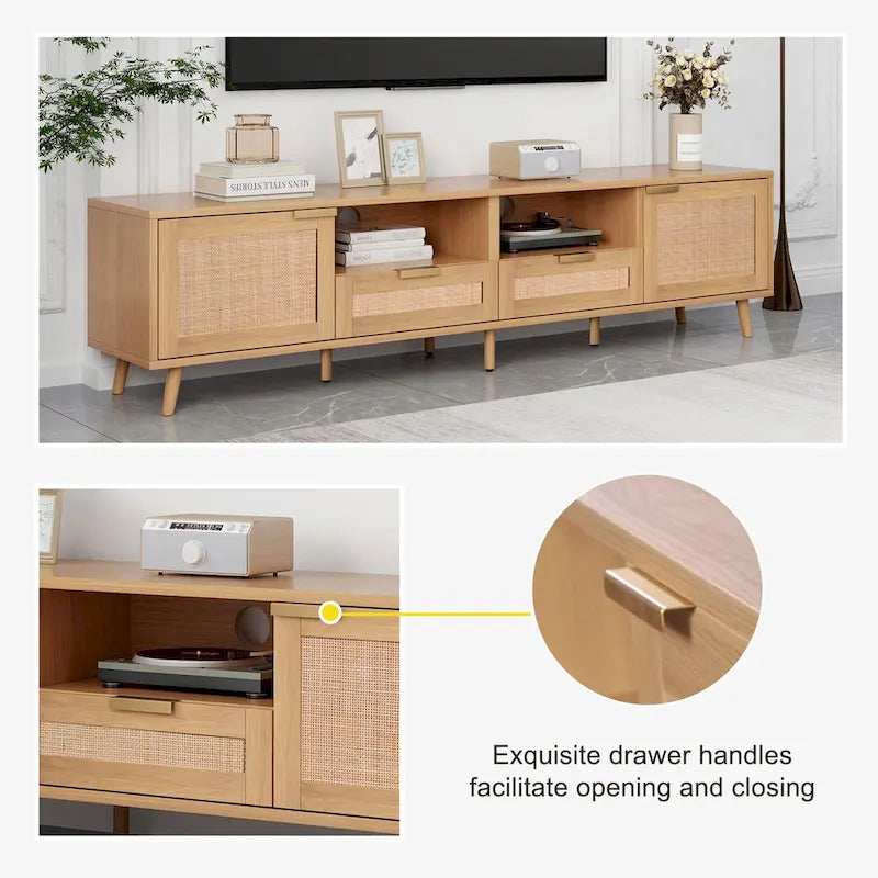Meuble TV en rotin pour TV 85 pouces, Console multimédia de style ferme, Pieds en bois massif, Bois