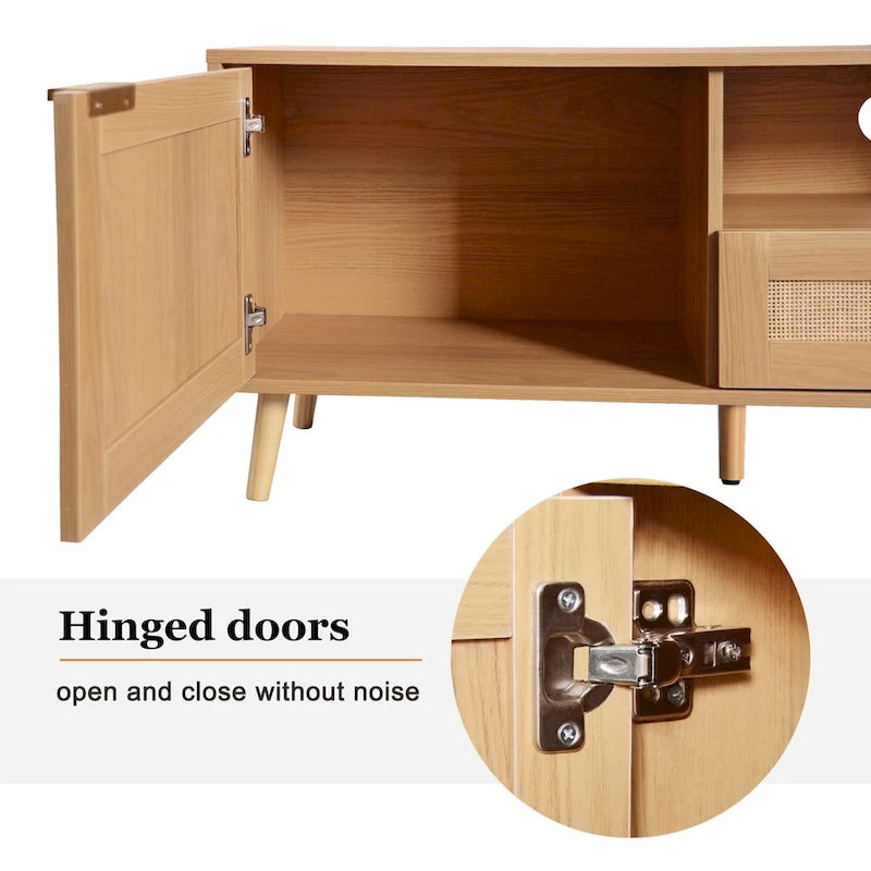 Meuble TV en rotin pour TV 85 pouces, Console multimédia de style ferme, Pieds en bois massif, Bois