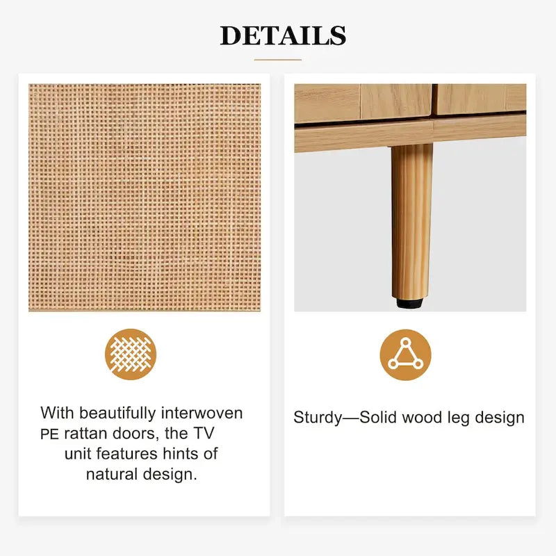 Meuble TV en rotin pour TV 85 pouces, Console multimédia de style ferme, Pieds en bois massif, Bois