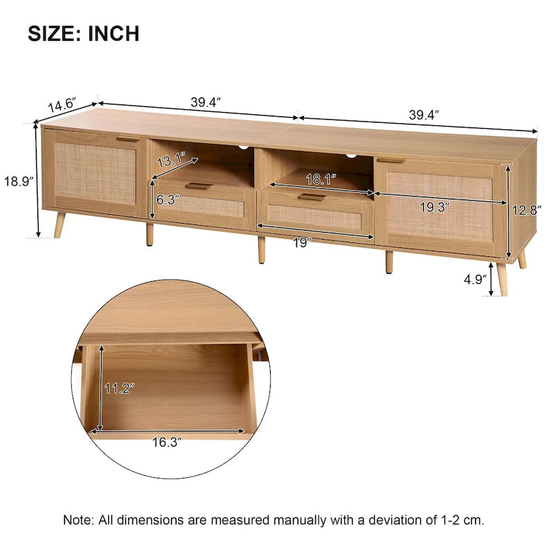 Meuble TV en rotin pour TV 85 pouces, Console multimédia de style ferme, Pieds en bois massif, Bois
