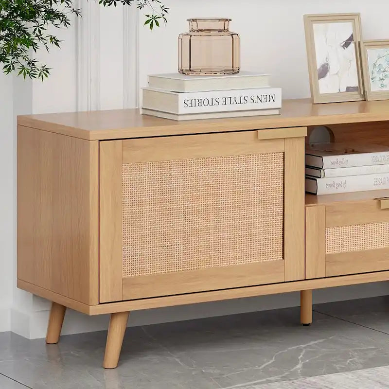 Meuble TV en rotin pour TV 85 pouces, Console multimédia de style ferme, Pieds en bois massif, Bois