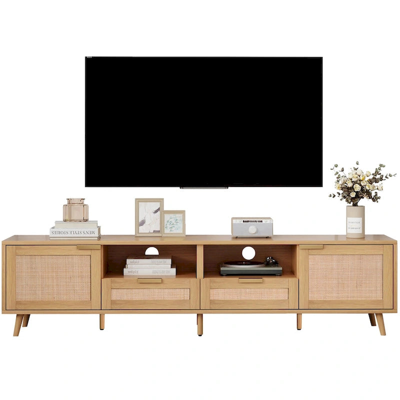 Meuble TV en rotin pour TV 85 pouces, Console multimédia de style ferme, Pieds en bois massif, Bois