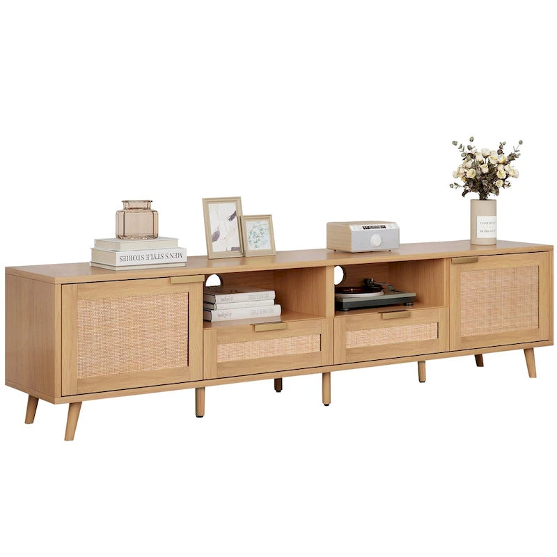 Meuble TV en rotin pour TV 85 pouces, Console multimédia de style ferme, Pieds en bois massif, Bois