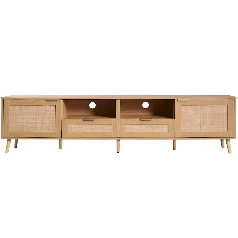 Meuble TV en rotin pour TV 85 pouces, Console multimédia de style ferme, Pieds en bois massif, Bois