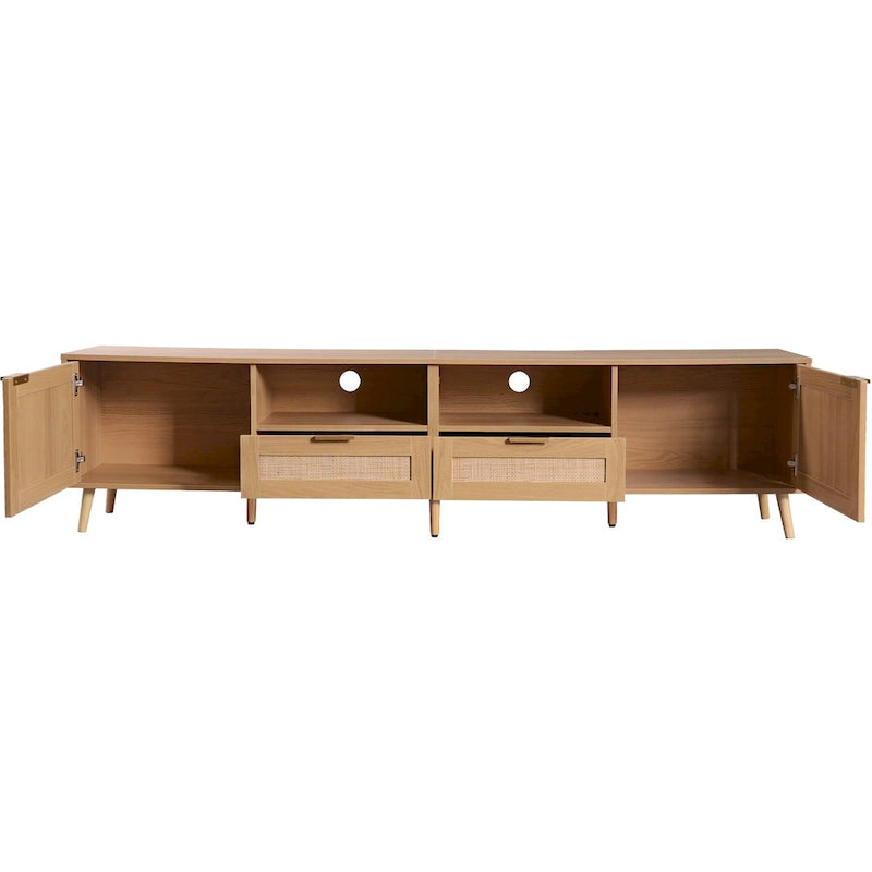 Meuble TV en rotin pour TV 85 pouces, Console multimédia de style ferme, Pieds en bois massif, Bois