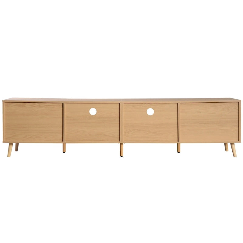 Meuble TV en rotin pour TV 85 pouces, Console multimédia de style ferme, Pieds en bois massif, Bois