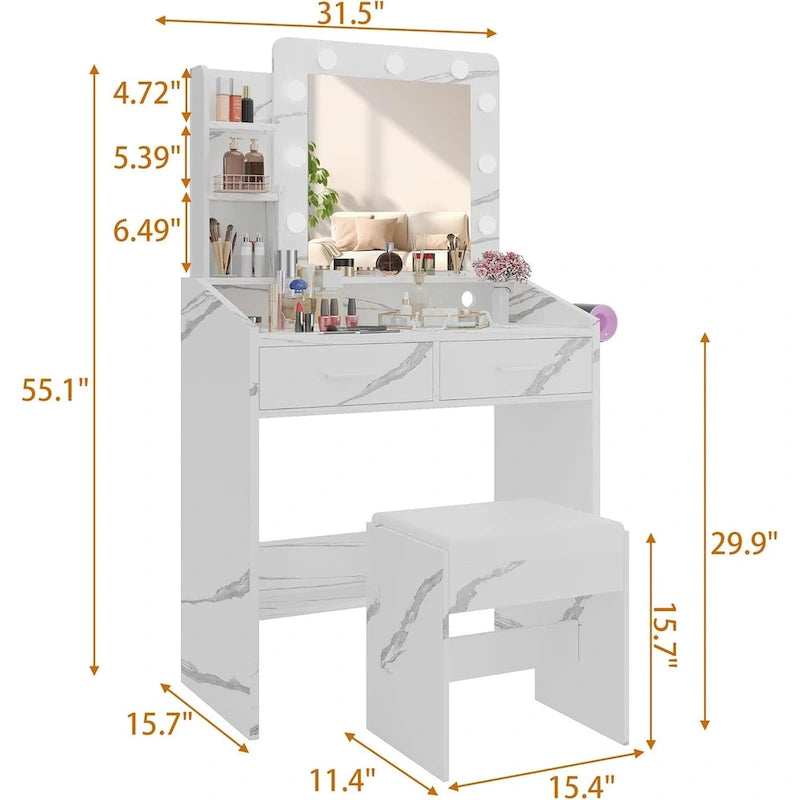Coiffeuse avec miroir et lumières, coiffeuse de maquillage avec prise de courant et tabouret rembourré