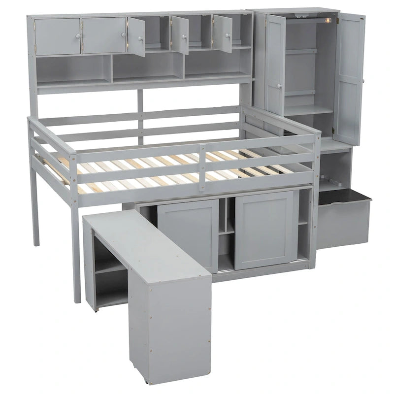 Lit mezzanine en bois pleine grandeur grand rangement avec bureau sous le lit, avec tiroirs, avec étagères, blanc