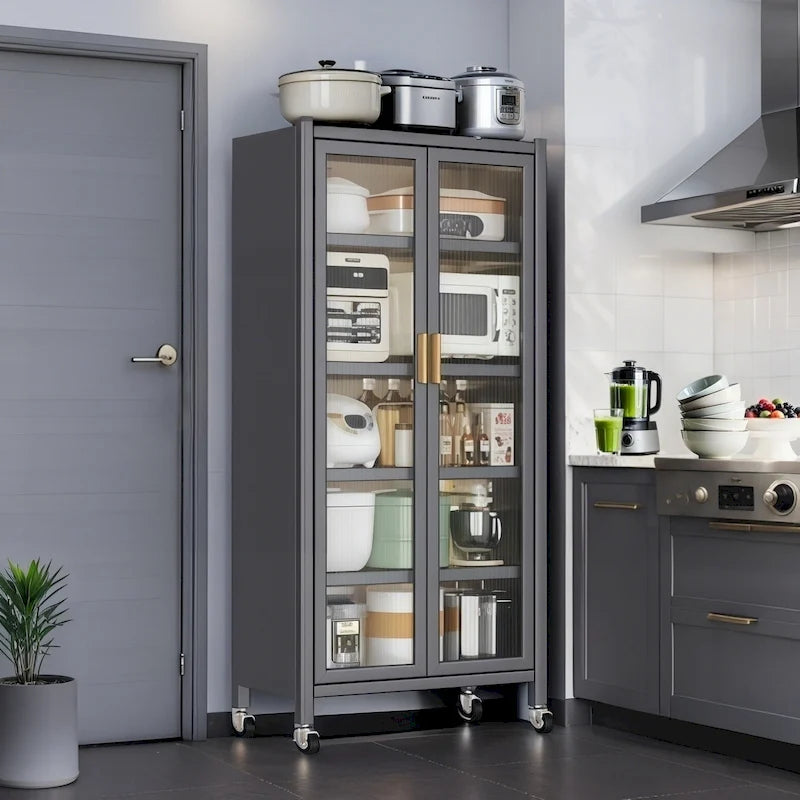 Meuble de rangement pour garde-manger de cuisine, meuble de rangement en métal à 6 niveaux avec porte transparente, étagères réglables et roulettes