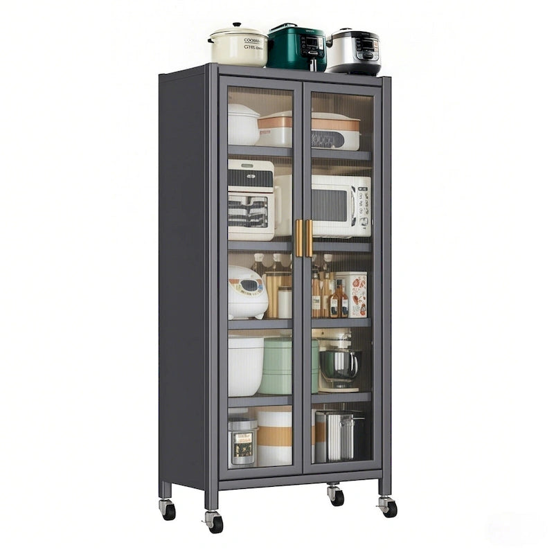 Meuble de rangement pour garde-manger de cuisine, meuble de rangement en métal à 6 niveaux avec porte transparente, étagères réglables et roulettes