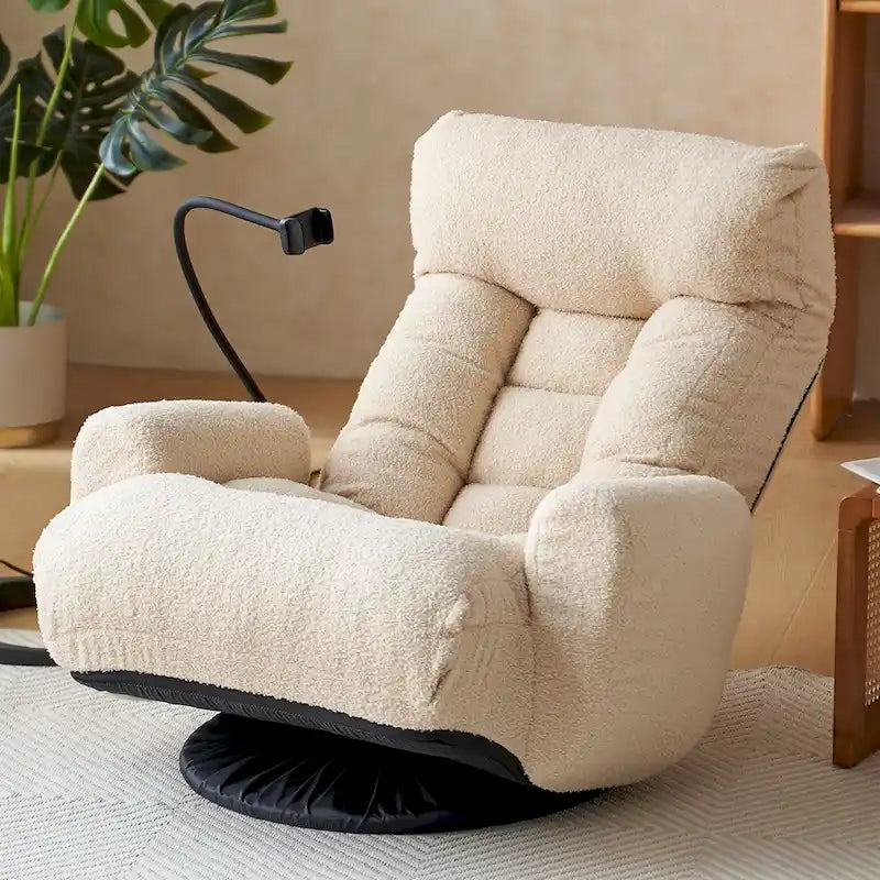 Fauteuil inclinable manuel pivotant à 360° en tissu avec support pour téléphone portable, têtière et dossier réglables