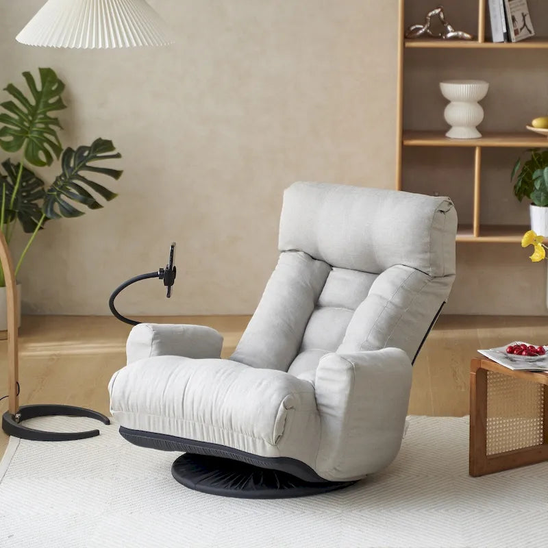 Fauteuil inclinable manuel pivotant à 360° en tissu avec support pour téléphone portable, têtière et dossier réglables