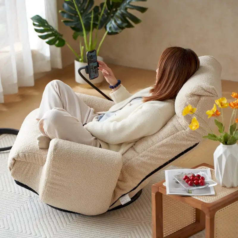 Fauteuil inclinable manuel pivotant à 360° en tissu avec support pour téléphone portable, têtière et dossier réglables