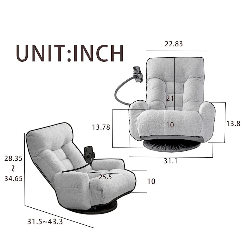Fauteuil inclinable manuel pivotant à 360° en tissu avec support pour téléphone portable, têtière et dossier réglables