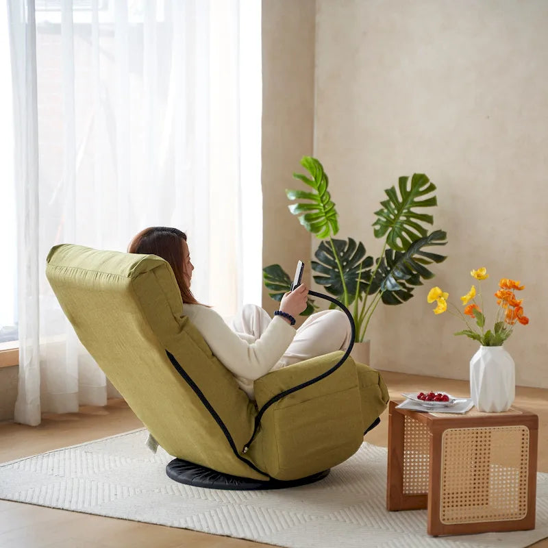 Fauteuil inclinable manuel pivotant à 360° en tissu avec support pour téléphone portable, têtière et dossier réglables