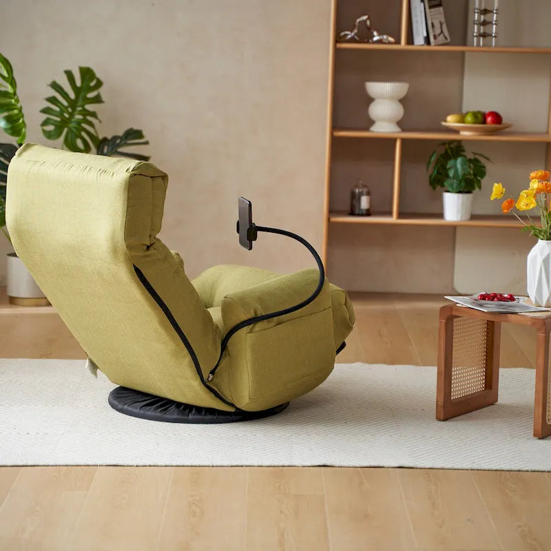 Fauteuil inclinable manuel pivotant à 360° en tissu avec support pour téléphone portable, têtière et dossier réglables