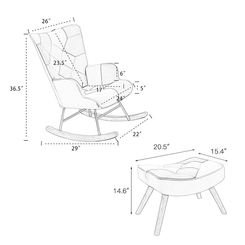 Fauteuil à bascule haut de gamme, moderne et coloré, en tissu bleu, de 90 cm de hauteur, avec pouf et pieds en bois, pour salon