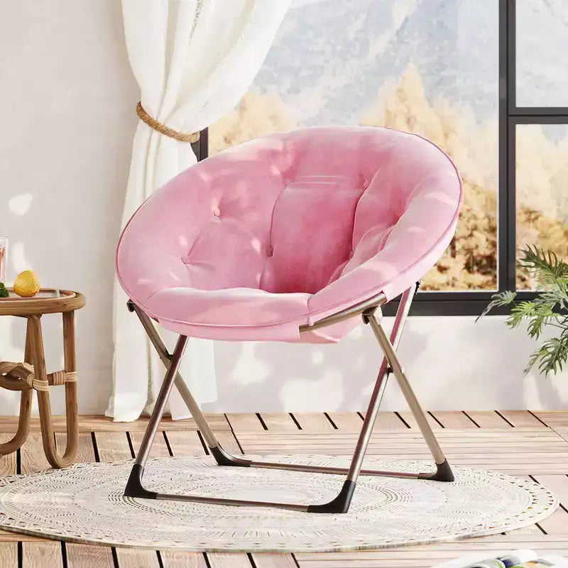 Fauteuil soucoupe, fauteuil moelleux en fausse fourrure, fauteuil lune avec structure métallique pliable, siège d'appoint floral