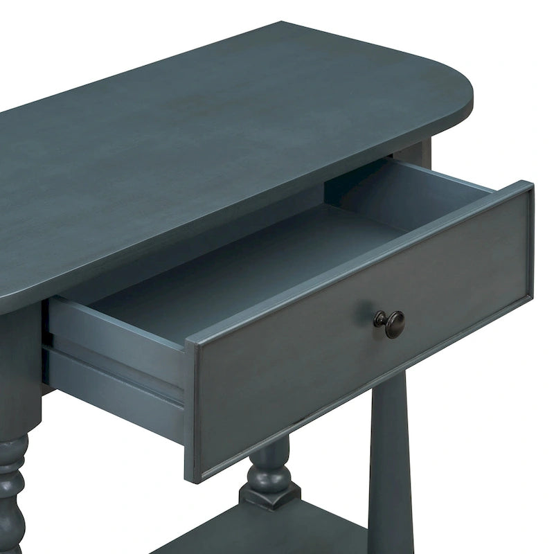 Console étroite rétro avec coin arrondi, tiroir supérieur et étagère ouverte