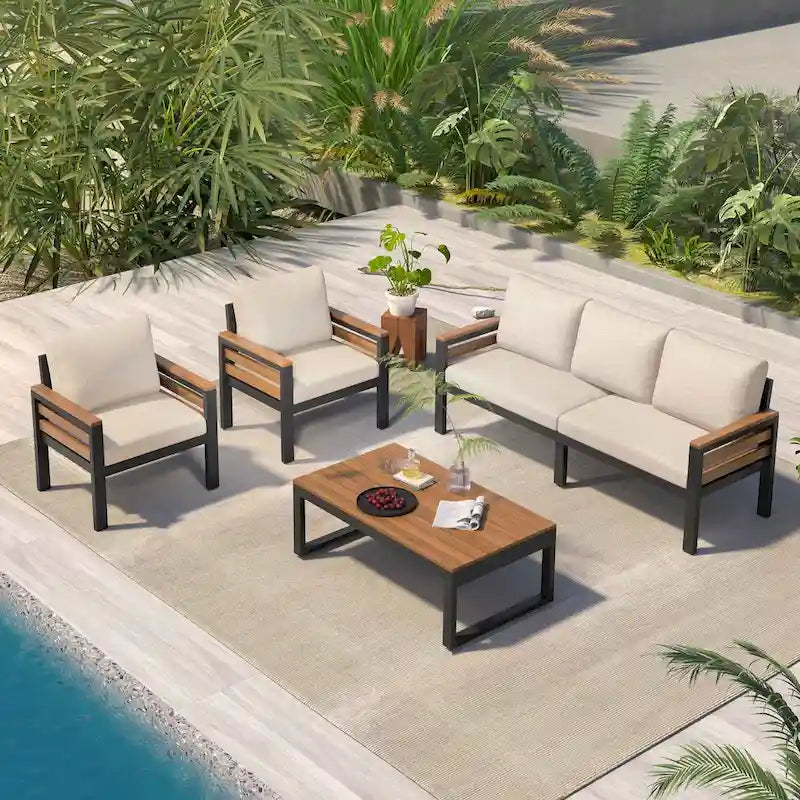 Ensemble de canapé d’extérieur 4 pièces pour 5 personnes avec table basse en bois massif et coussins amovibles