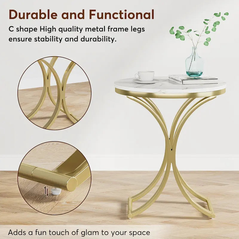 Petite table d'appoint ronde moderne, bout de canapé ou table de chevet avec structure en métal doré et plateau en bois d'ingénierie aspect marbre pour salon