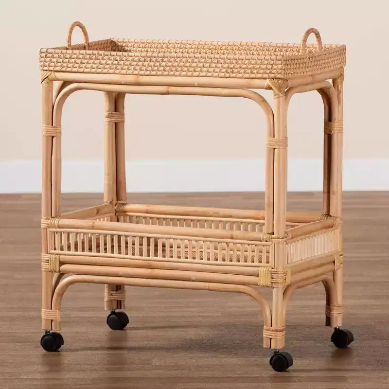 Chariot à vin en rotin Bali & Pari Lombok, marron naturel : chariot de bar d'intérieur avec porte-bouteilles, aucun assemblage requis