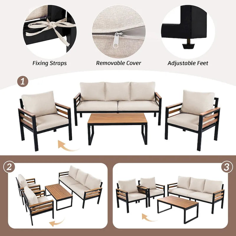Ensemble de canapé d’extérieur 4 pièces pour 5 personnes avec table basse en bois massif et coussins amovibles
