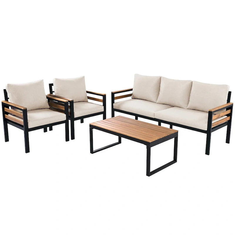 Ensemble de canapé d’extérieur 4 pièces pour 5 personnes avec table basse en bois massif et coussins amovibles