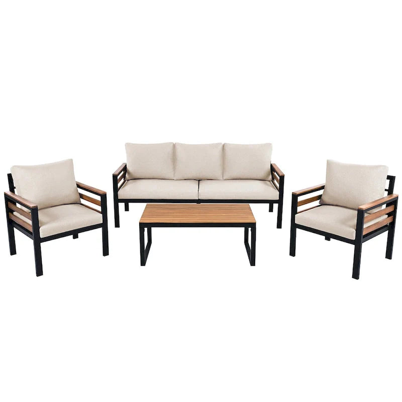 Ensemble de canapé d’extérieur 4 pièces pour 5 personnes avec table basse en bois massif et coussins amovibles