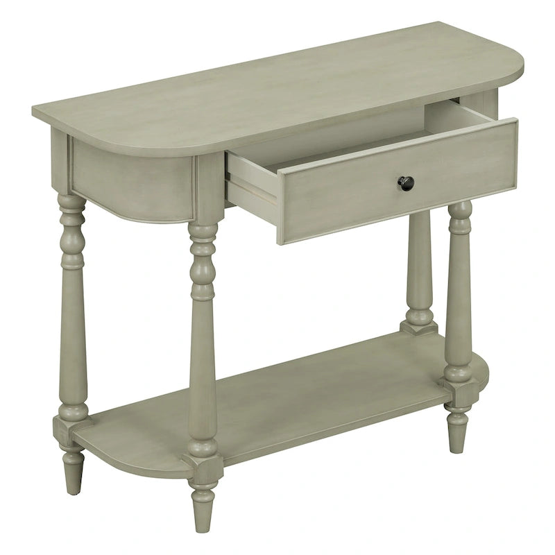 Console étroite rétro avec coin arrondi, tiroir supérieur et étagère ouverte