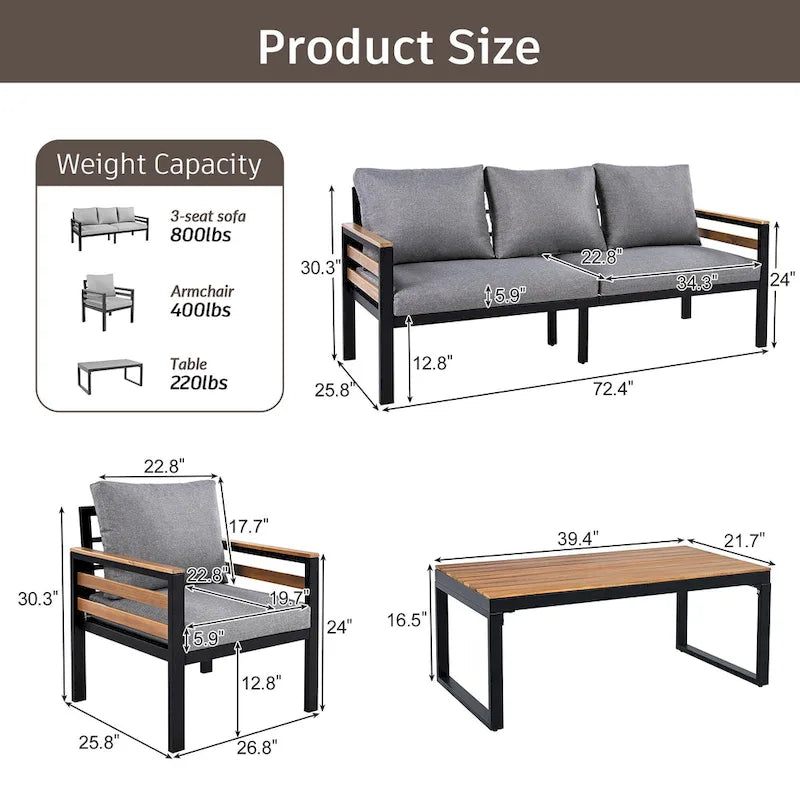 Ensemble de canapé d’extérieur 4 pièces pour 5 personnes avec table basse en bois massif et coussins amovibles